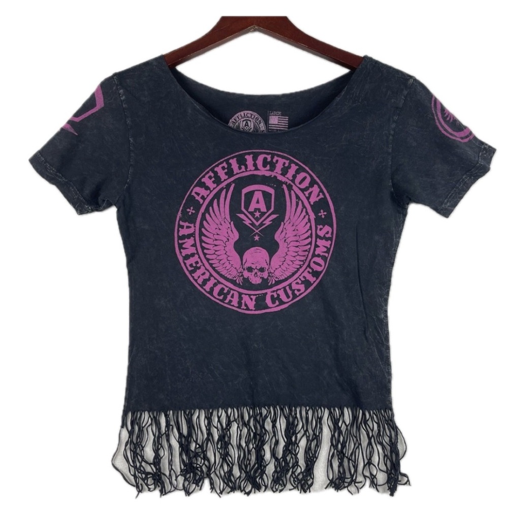 Affliction Women’s Black Fringe Hot Pink Graphic Tee - Skull, Wings, Biker